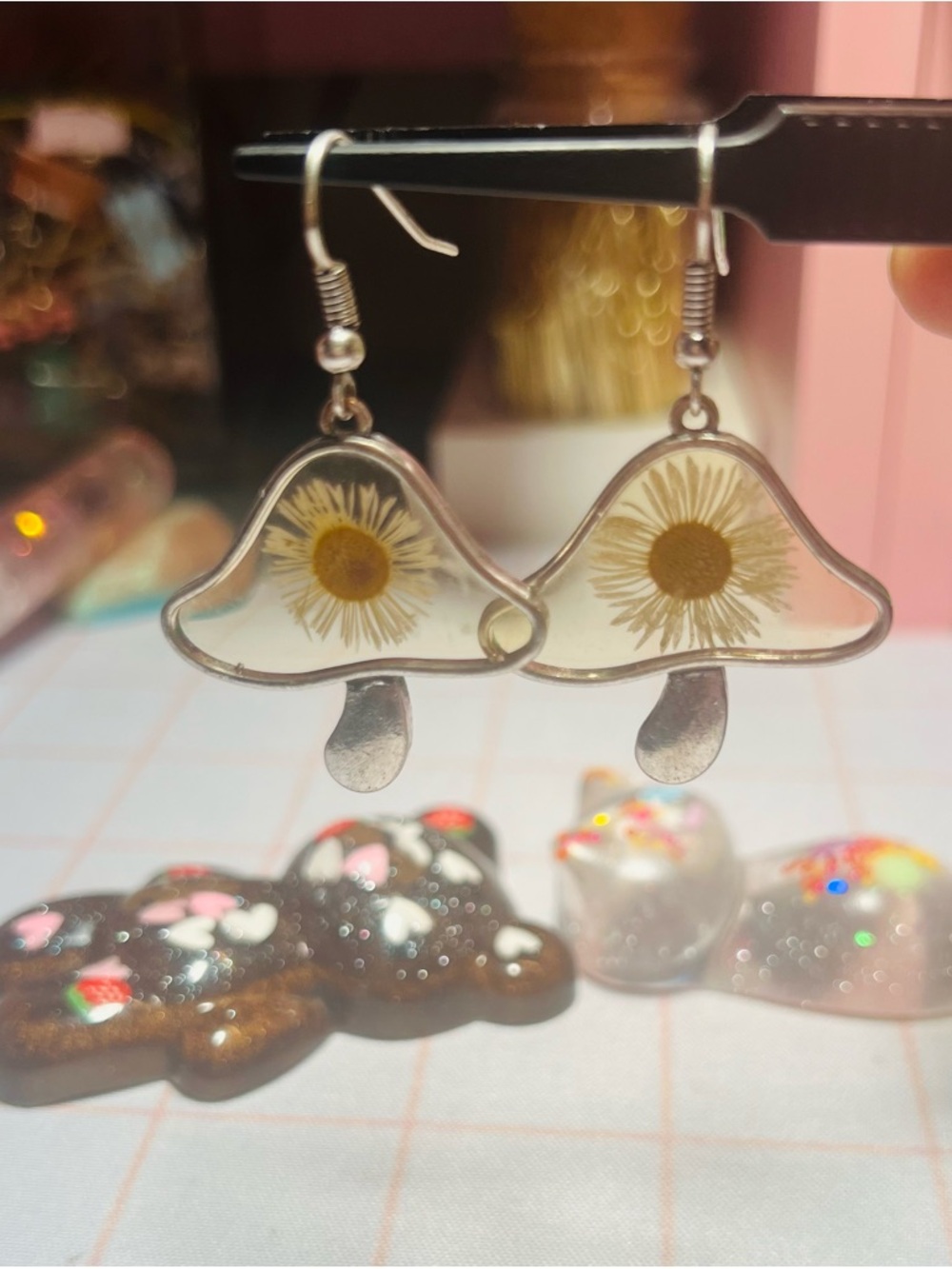 EARTHBOUND Silver Trim Mushroom Earrings with Yellow Daisy 🌼
